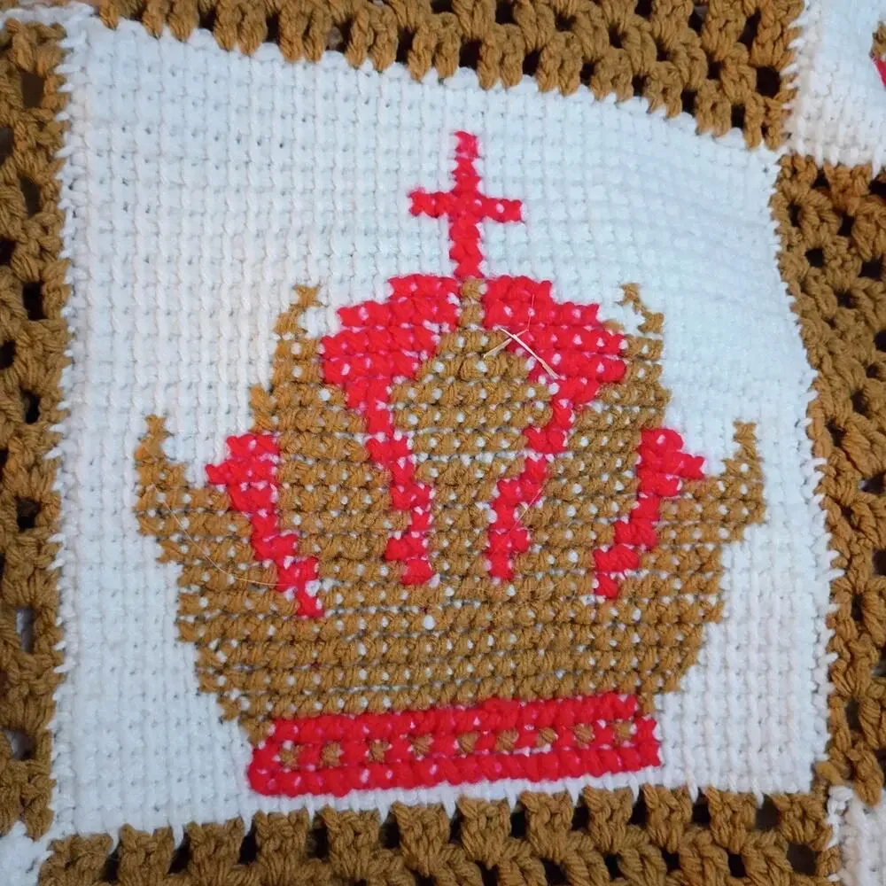 Handmade Crochet Afghan Blanket 64x49 Religious Christian Catholic Gold White